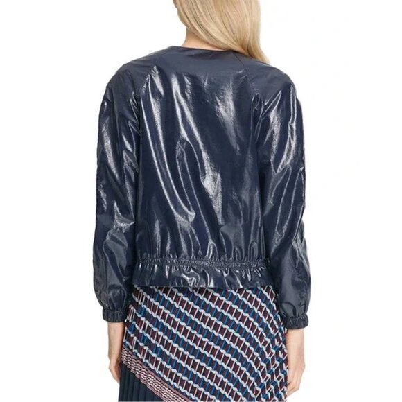 DKNY Blue Glossy Collarless Drawstring Bomber Jacket Size L - Picture 3 of 13